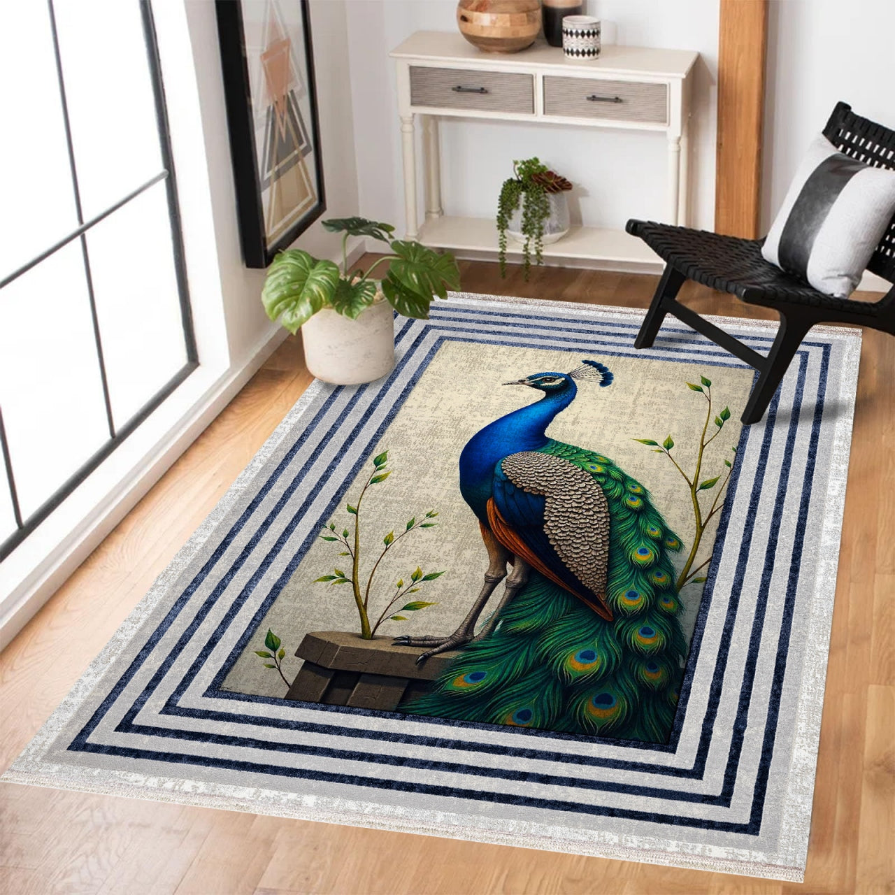 Tavus Kuşu Desenli Kaymaz Tabanlı Yıkanabilir Halı