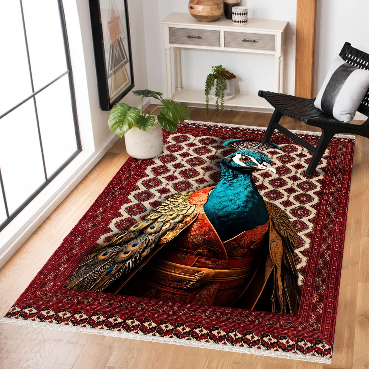 Tavus Kuşu Desenli Kaymaz Tabanlı Yıkanabilir Halı