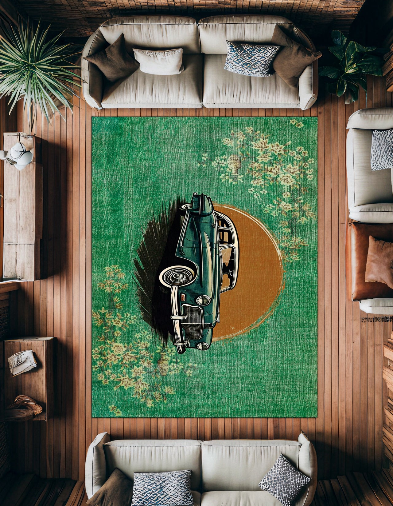 Yeşil Retro Klasik Araba Desenli Halı