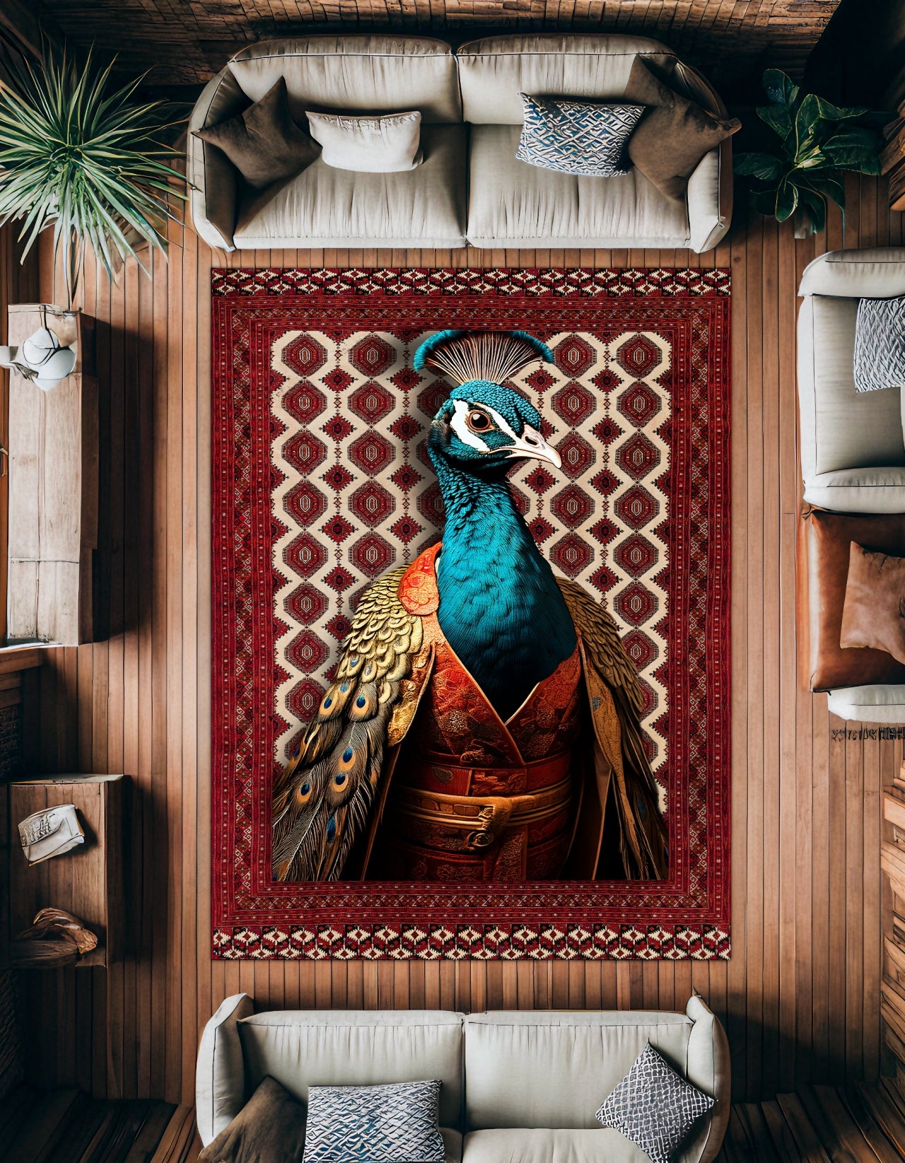 Tavus Kuşu Desenli Kaymaz Tabanlı Yıkanabilir Halı