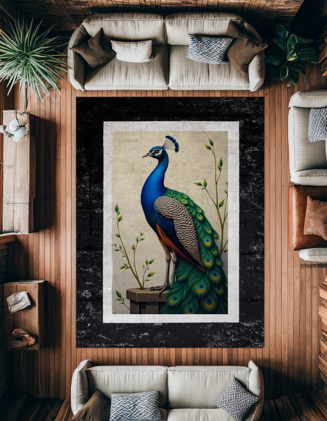 Tavus Kuşu Desenli Kaymaz Tabanlı Yıkanabilir Halı