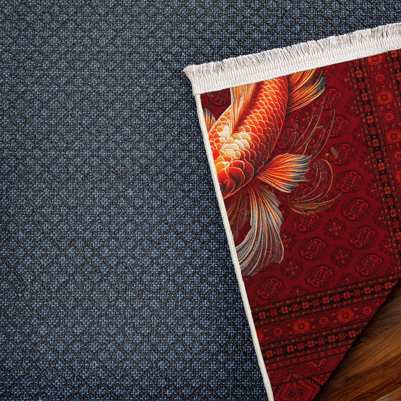 Koi Balığı Desenli Kaymaz Tabanlı Yıkanabilir Halı