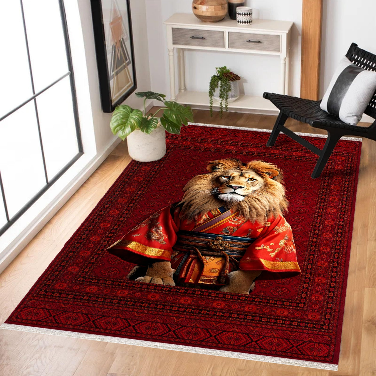 Samuray Aslan Desenli Kaymaz Tabanlı Yıkanabilir Halı