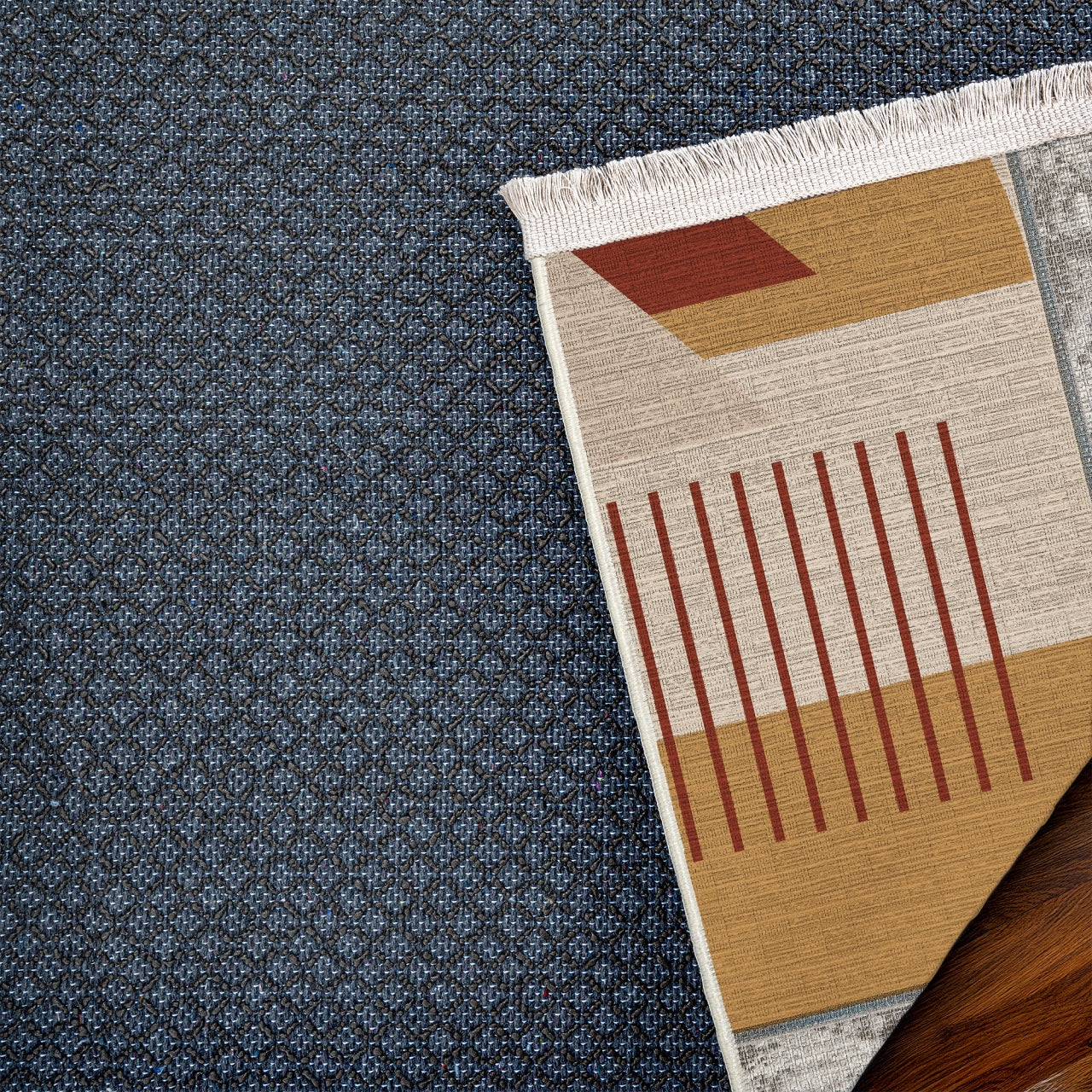 Gri Çerçeveli Geometrik Kaymaz Tabanlı Yıkanabilir Halı