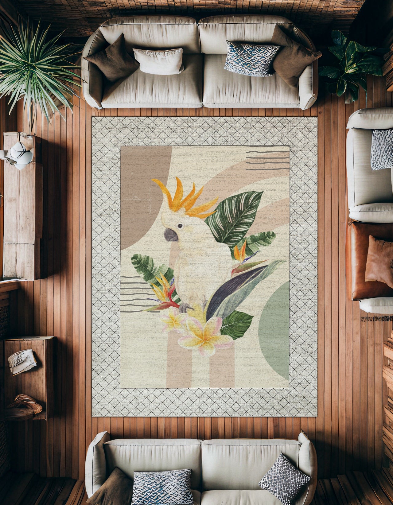 Papağan ve Çiçek Temalı Kaymaz Tabanlı Yıkanabilir Halı