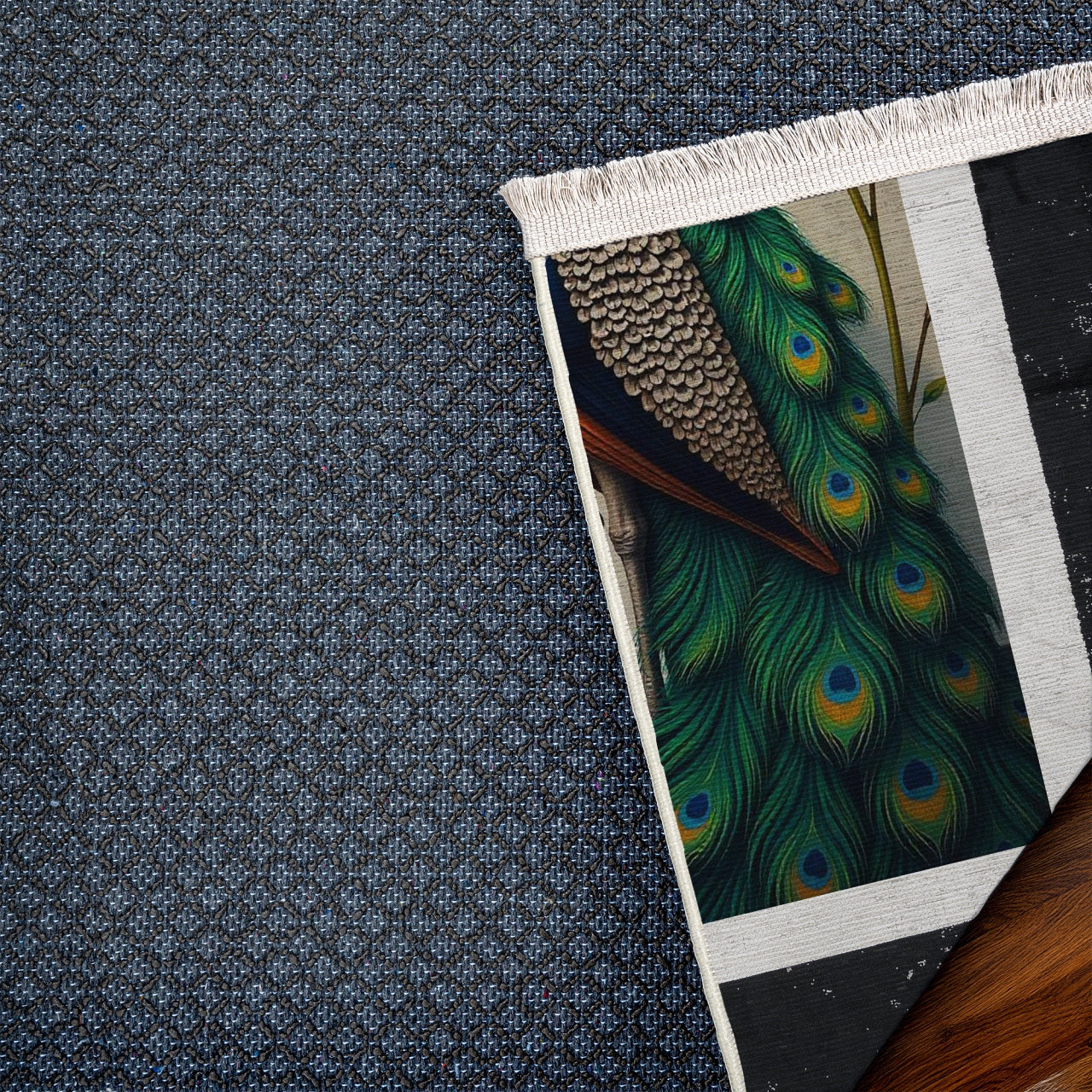 Tavus Kuşu Desenli Kaymaz Tabanlı Yıkanabilir Halı